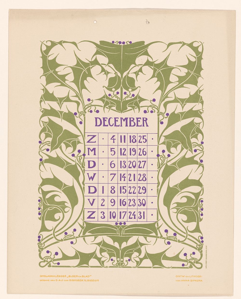 Kalenderblad december met hulst (before 1904) by Anna Sipkema, Anna Sipkema, Gebroeders Braakensiek and C A J van Dishoeck
