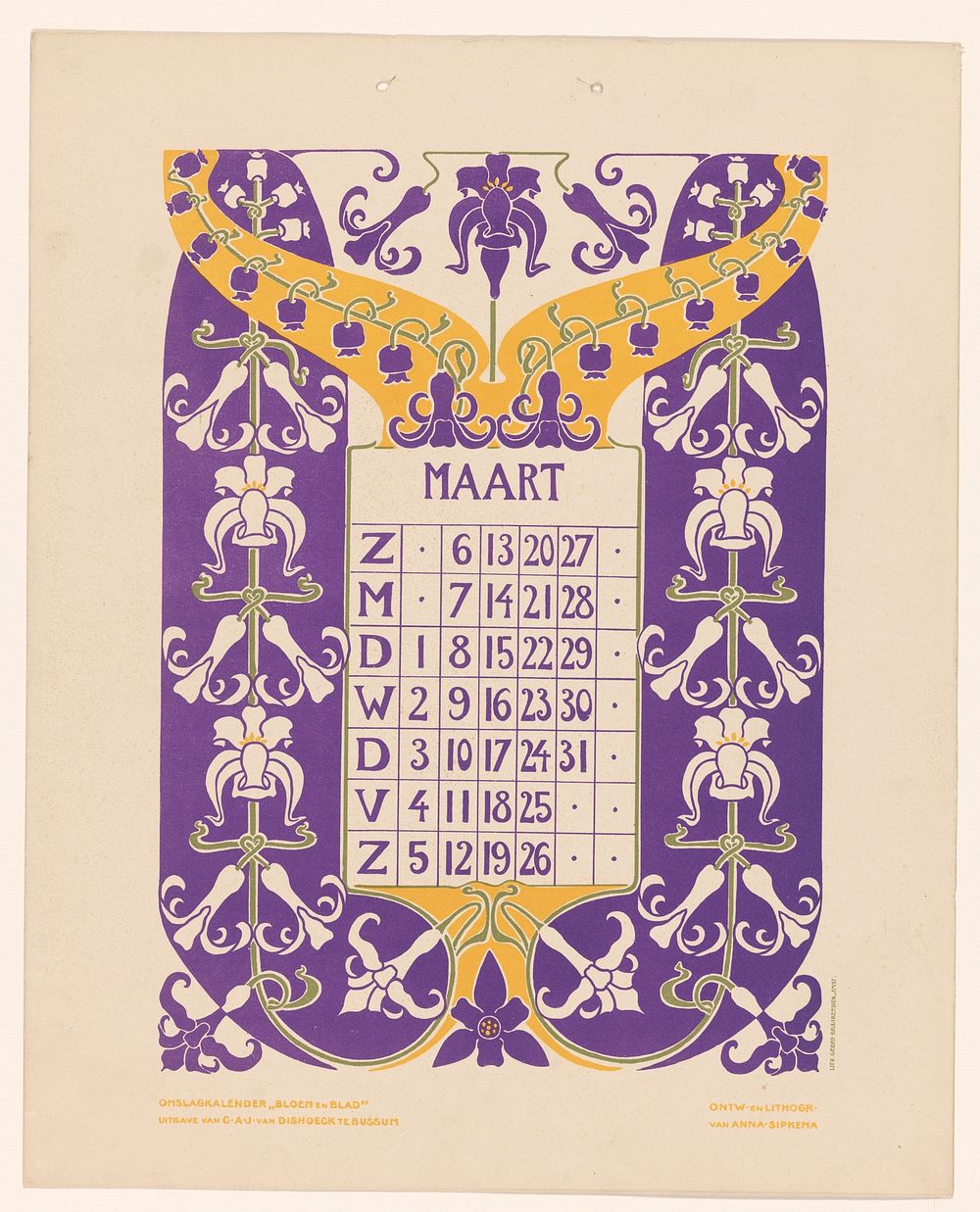 Kalenderblad maart met bloemen (before 1904) by Anna Sipkema, Anna Sipkema, Gebroeders Braakensiek and C A J van Dishoeck