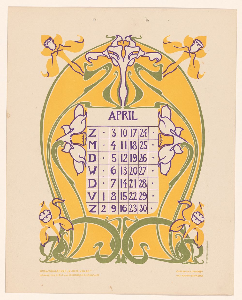 Kalenderblad april met narcissen (before 1904) by Anna Sipkema, Anna Sipkema, Gebroeders Braakensiek and C A J van Dishoeck