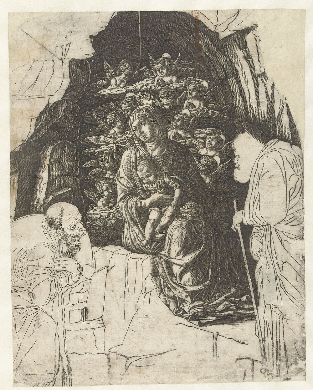 Maria met kind omgeven door engelen in grot met Jozef en koning in aanbidding (1475 - 1480) by Andrea Mantegna and Andrea…