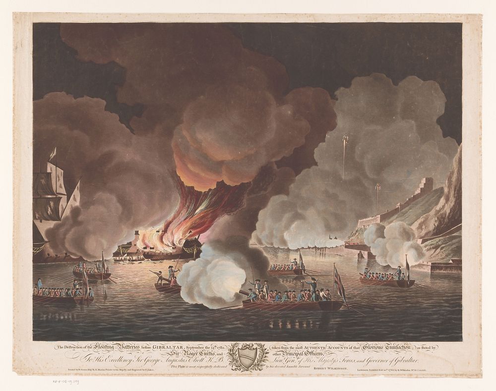 Vernietigen van schepen voor Gibraltar, 14 september 1782 (1783) by Francis Jukes, Dominic Serres I, Robert Wilkinson…