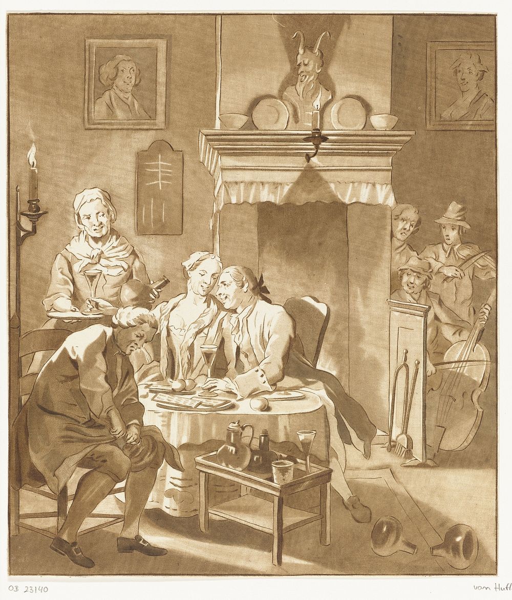 Interieur met drinkend paar (1777 - 1780) by Benjamin Martini and Cornelis Troost