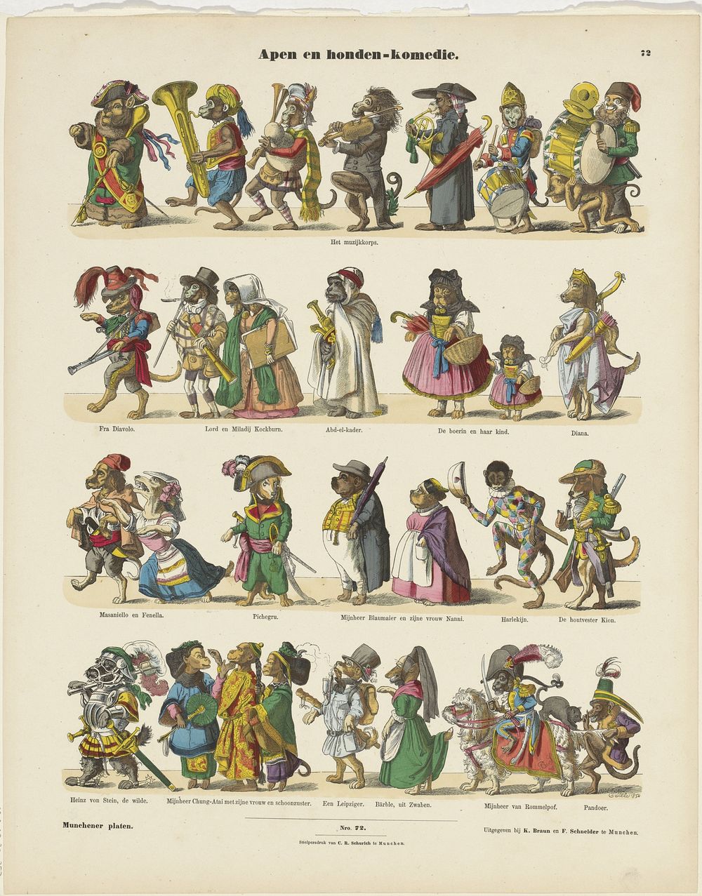 Apen en honden-komedie (1843 - c. 1920) by E Ille, K Braun en Fr Schneider and Carl Robert Schurich