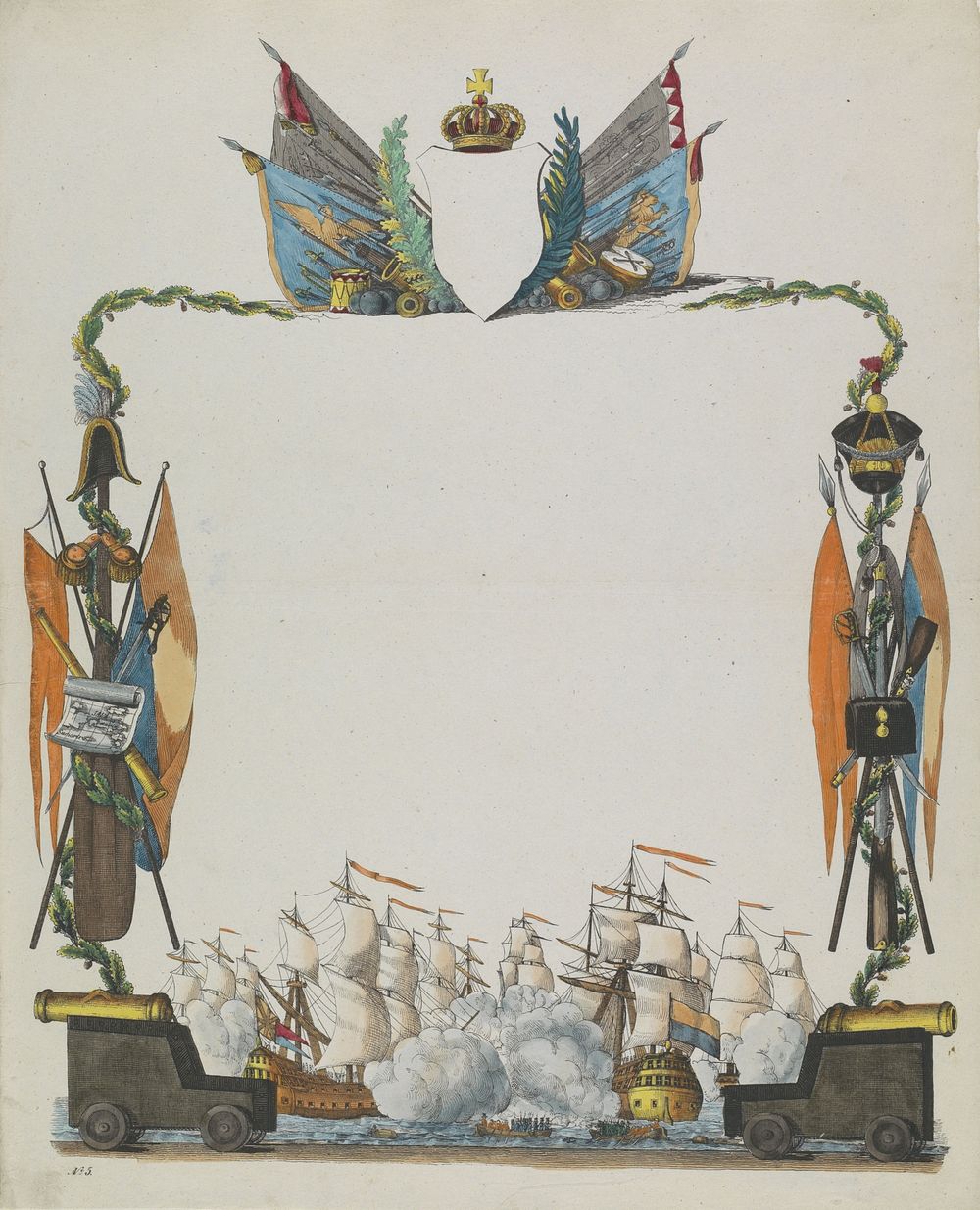 Wensbrief met een zeeslag, kanonnen en vlaggen (c. 1780 - c. 1899) by anonymous and anonymous