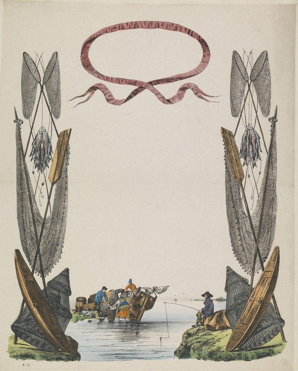 Wensbrief met vissers en visnetten (c. 1780 - c. 1899) by anonymous and anonymous