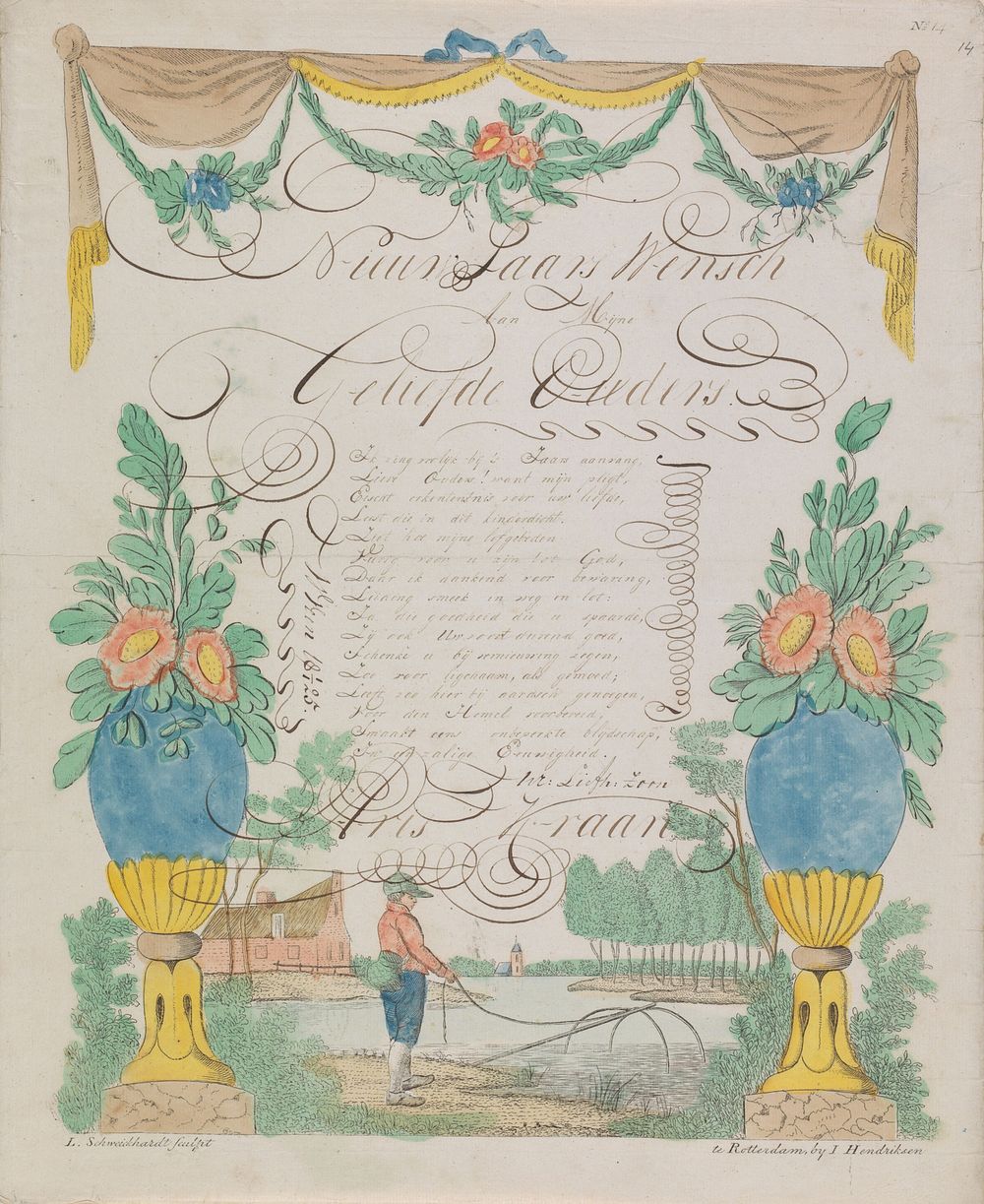 Wensbrief met visser en bloemenvazen (1825) by Leonardus Schweickhardt and Jan Hendriksen