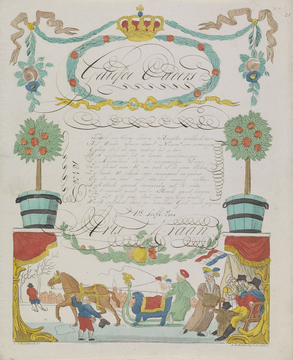 Wensbrief met winterse activiteiten (1828) by Leonardus Schweickhardt and Jan Hendriksen