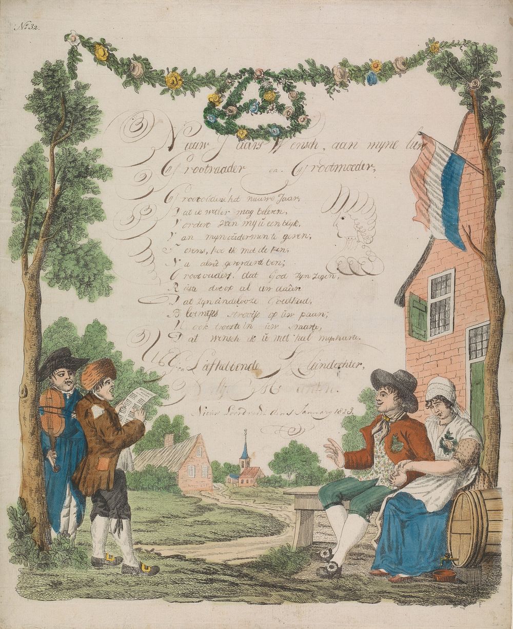 Wensbrief met muzikanten en een bruidspaar (1829) by anonymous and anonymous
