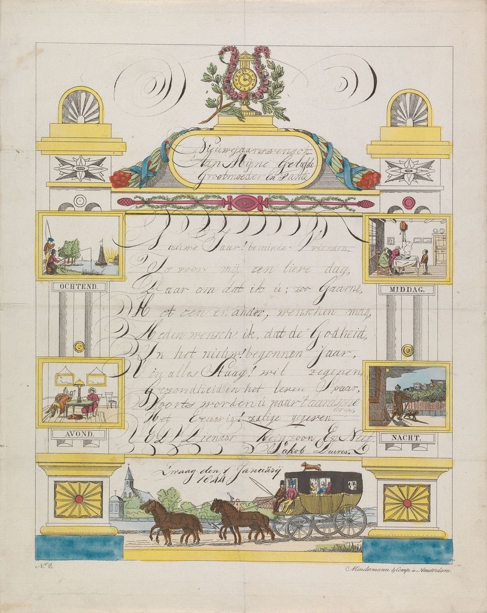 Wensbrief met de vier tijden van de dag en een postkoets (1844) by Mindermann and Co and anonymous