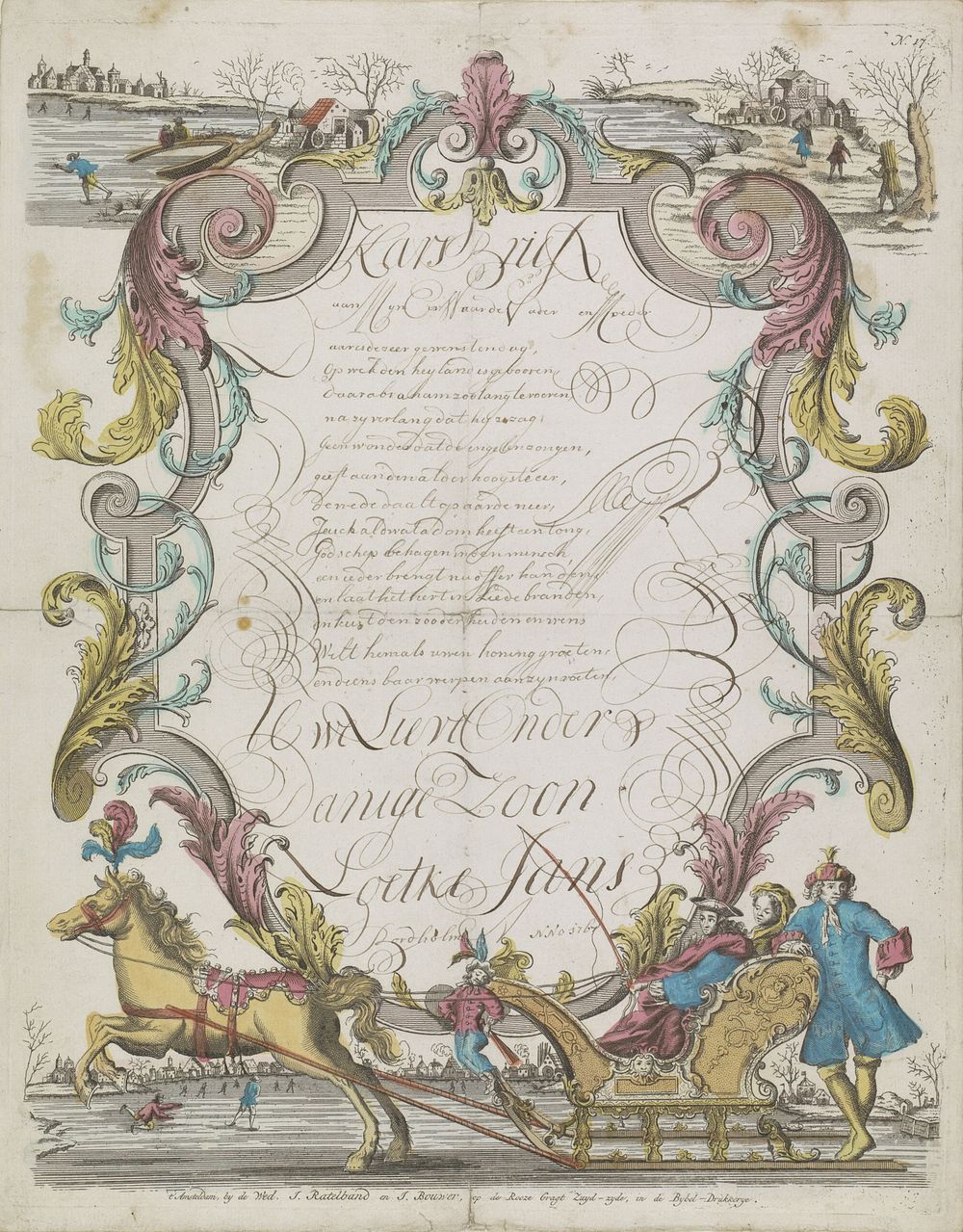 Wensbrief met arrenslede (1767) by weduwe Jeronimus Ratelband en Johannes Bouwer and anonymous