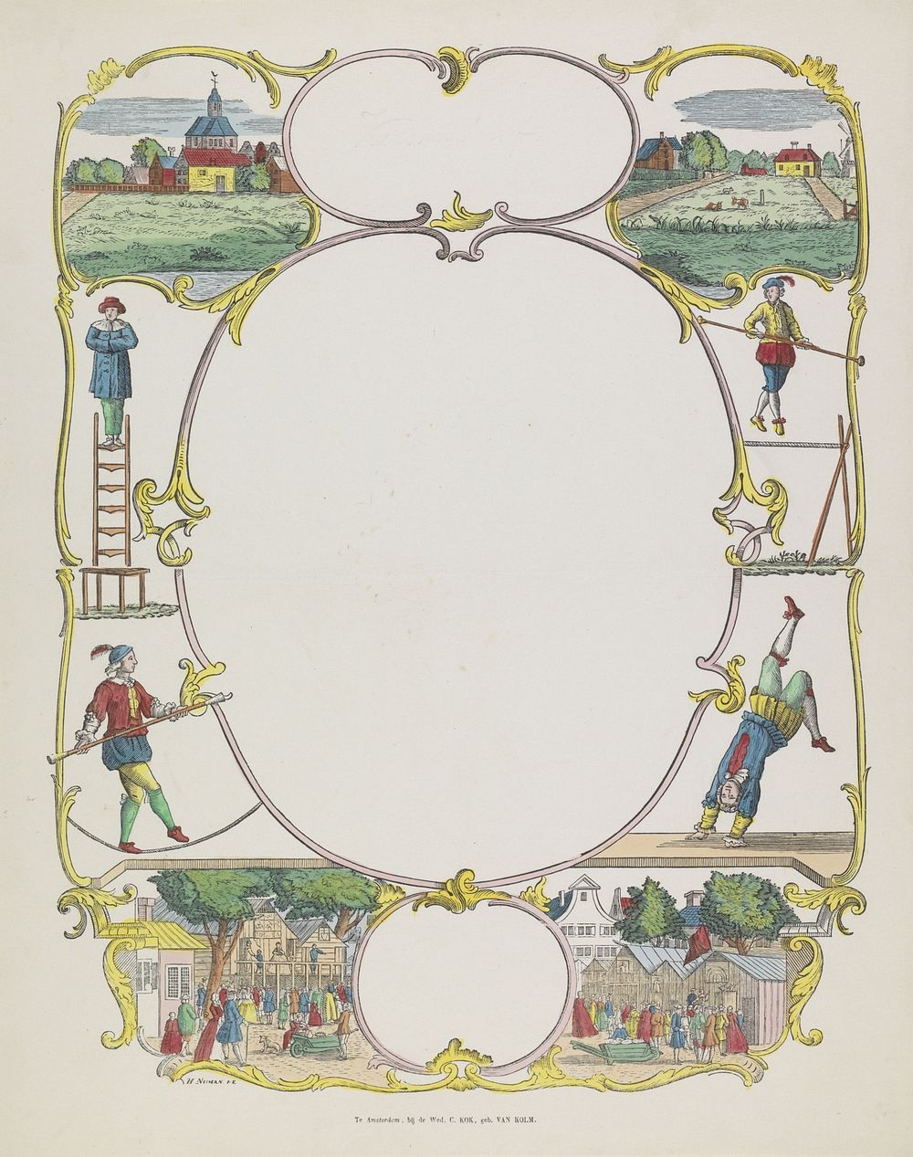 Wensbrief met een dorp, acrobaten en een kermis (1842 - 1866) by Hermanus Numan, Hendrik Numan and weduwe C Kok van Kolm