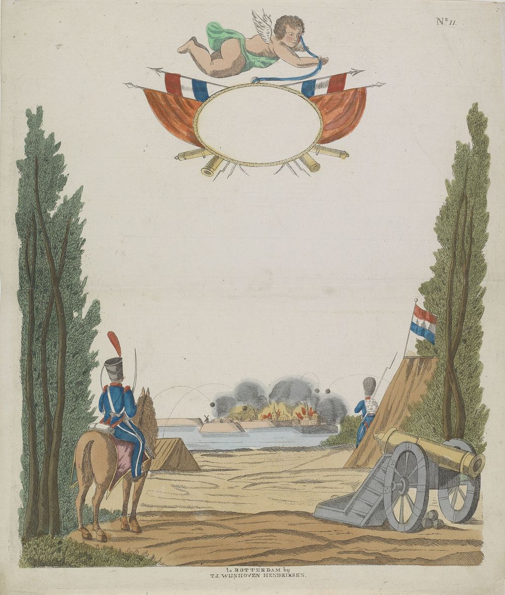 Wensbrief met soldaten die een stad beschieten (1812 - 1849) by Theodorus Johannes Wijnhoven Hendriksen and anonymous