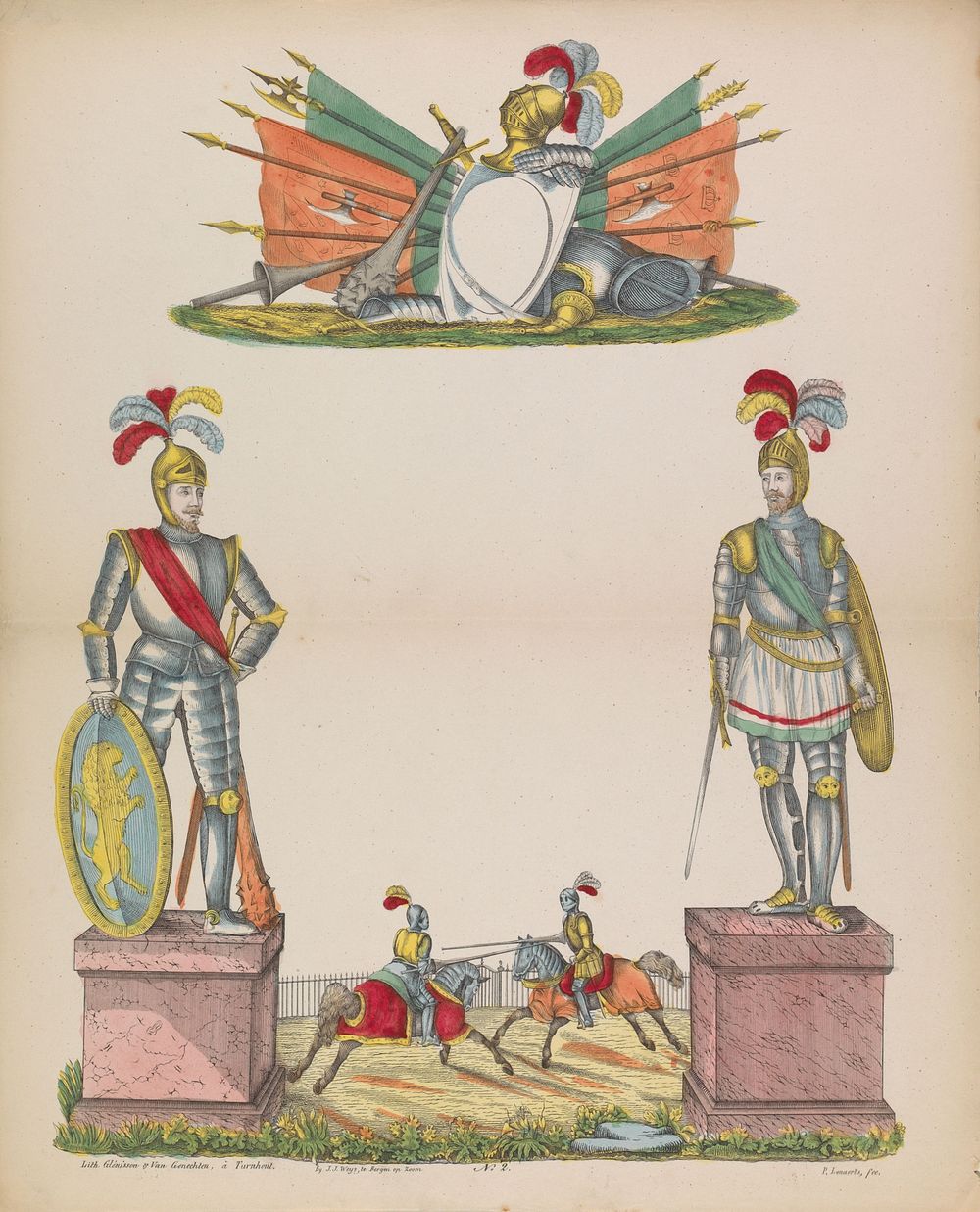 Wensbrief met riddertoernooi (1833 - 1856) by P Lenaerts, Glenisson and Van Genechten and J J Weijs