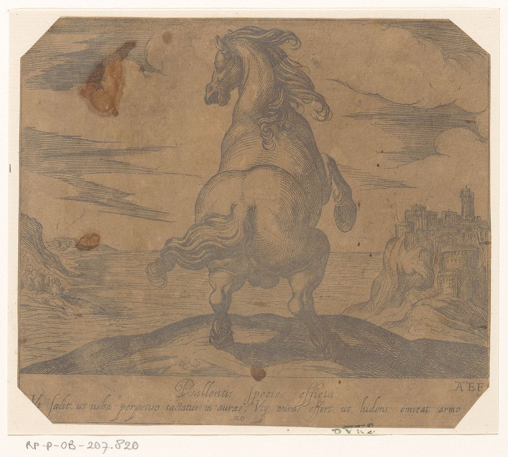 Steigerend paard van achteren gezien voor een zeegezicht (1590) by Antonio Tempesta and Antonio Tempesta
