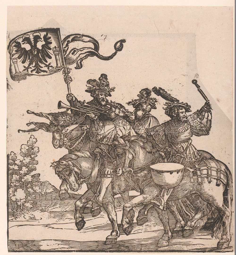 Muzikanten en vlaggendrager te paard (1537 - 1551) by anonymous, Hans Schäufelein and Hans Guldenmund