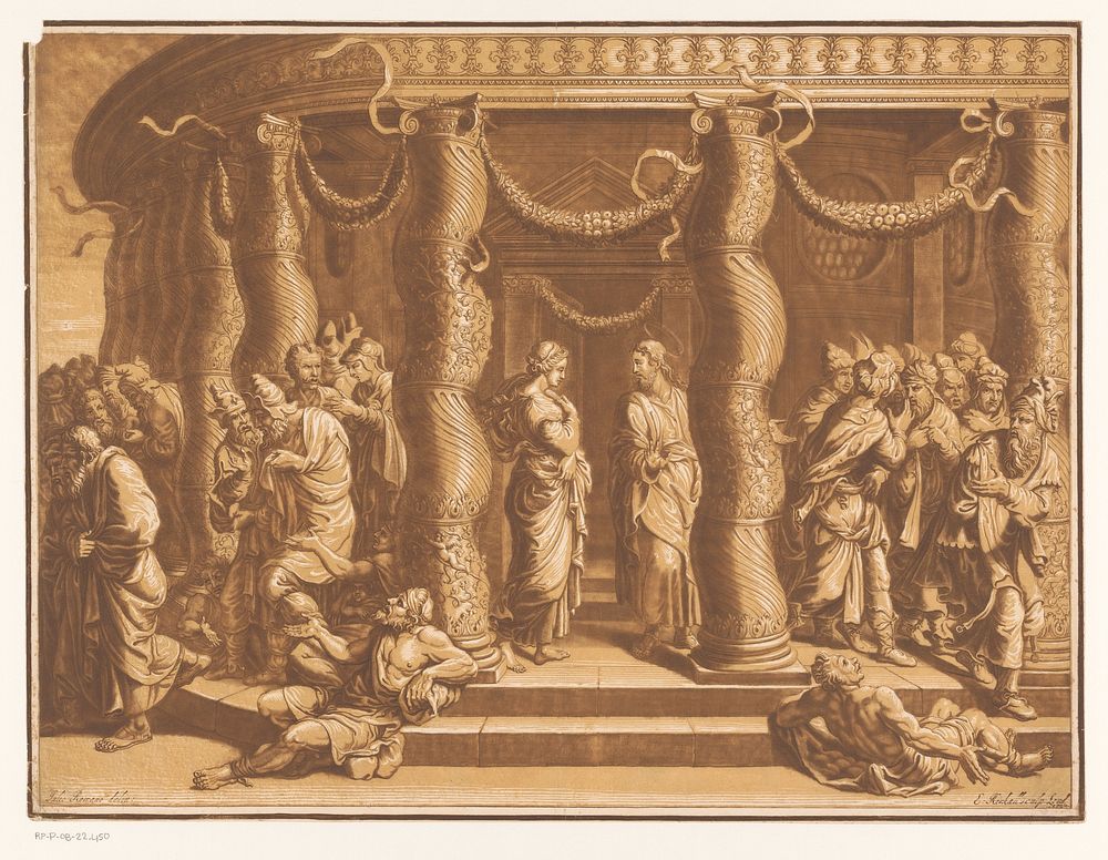 Christus en de overspelige vrouw (1722) by Elisha Kirkall and Giulio Romano