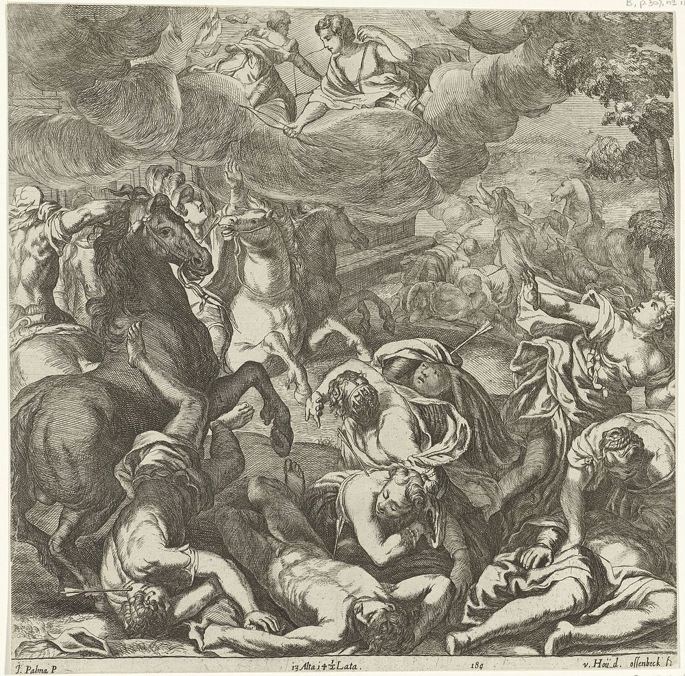 Apollo en Diana doden de kinderen van Niobe (in or after 1660) by Jan van Ossenbeeck, Nikolaas van Hoy and Jacopo Palma