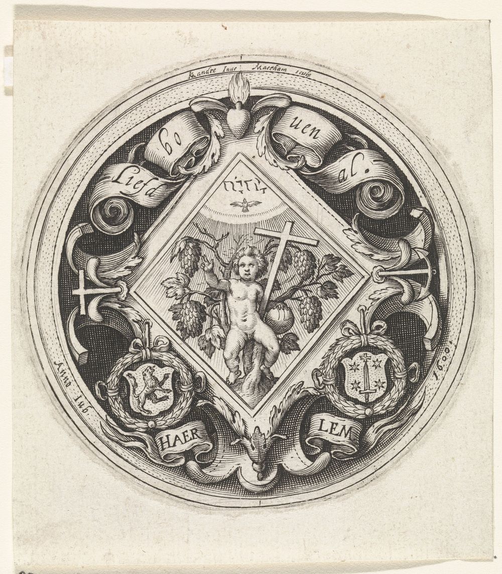 Blazoen van de Haarlemse rederijkerskamer De Wijngaertrancken, 1600 (1600) by Jacob Matham and Karel van Mander I