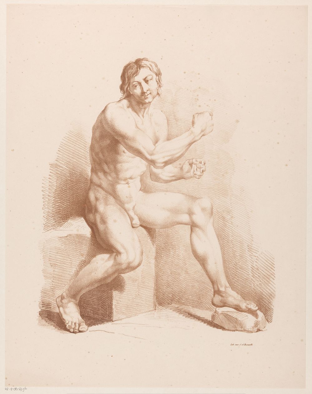 Zittende naakte man (1820 - 1833) by Jean Augustin Daiwaille