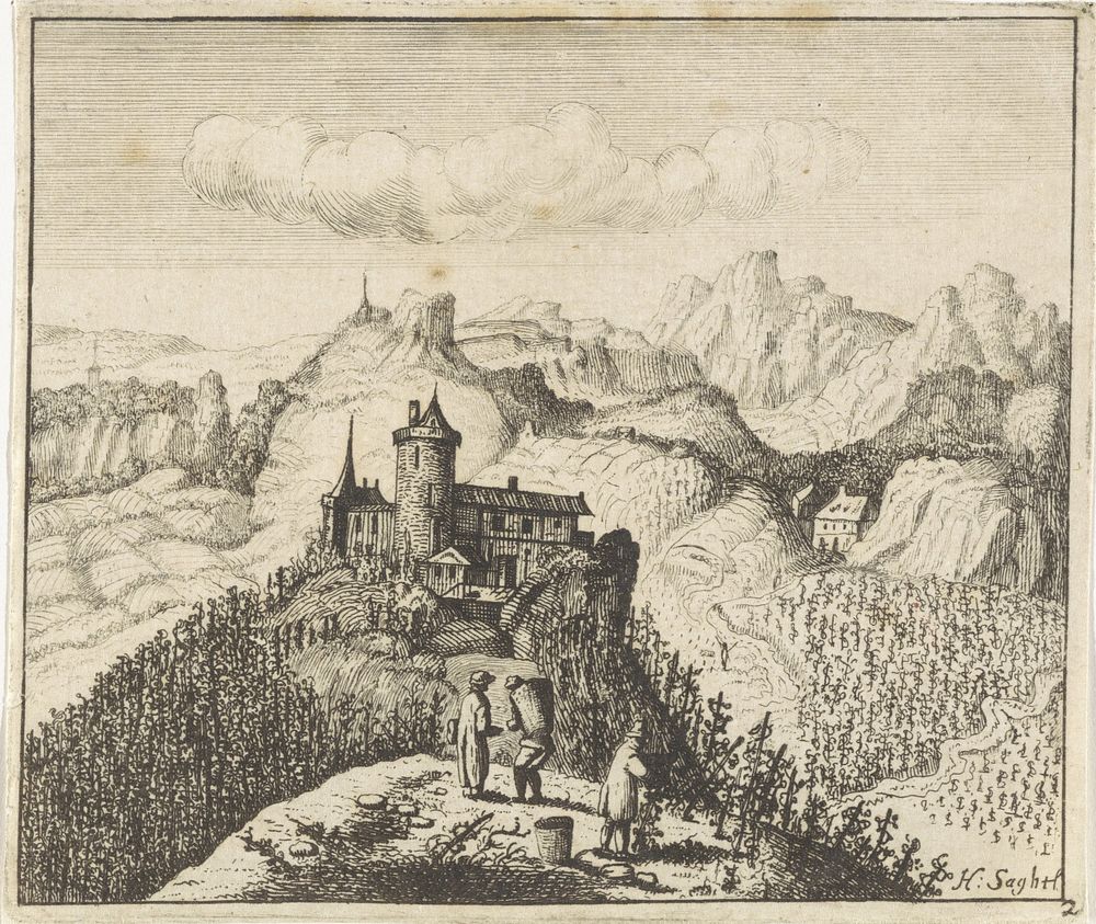 Bergachtig landschap met druivenplukkers (1668 - 1707) by Anthonie de Winter and Herman Saftleven