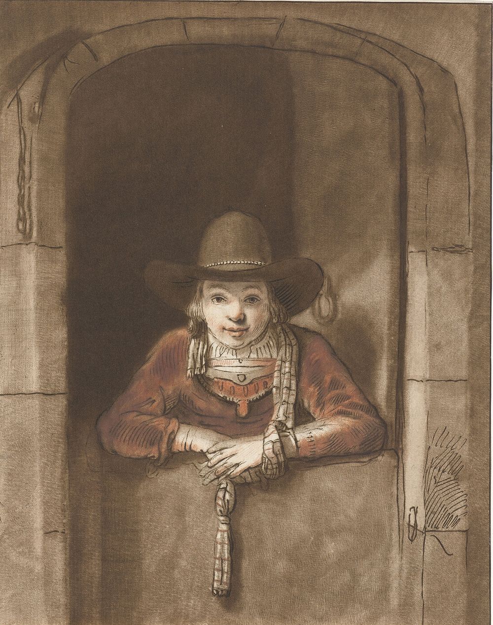 Jongen leunend over een onderdeur (1765) by Cornelis Ploos van Amstel, Samuel van Hoogstraten, Rembrandt van Rijn and…