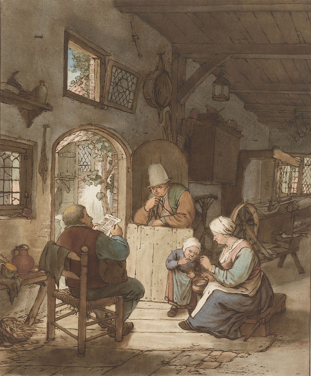 Krantlezer in interieur (1766) by Cornelis Ploos van Amstel, Adriaen van Ostade and Cornelis Ploos van Amstel