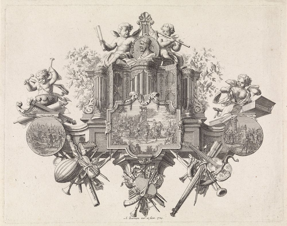 Allegorische voorstelling over muziek rond het portret van Tubal-Kaïn (1724) by Abraham Zeeman and Abraham Zeeman