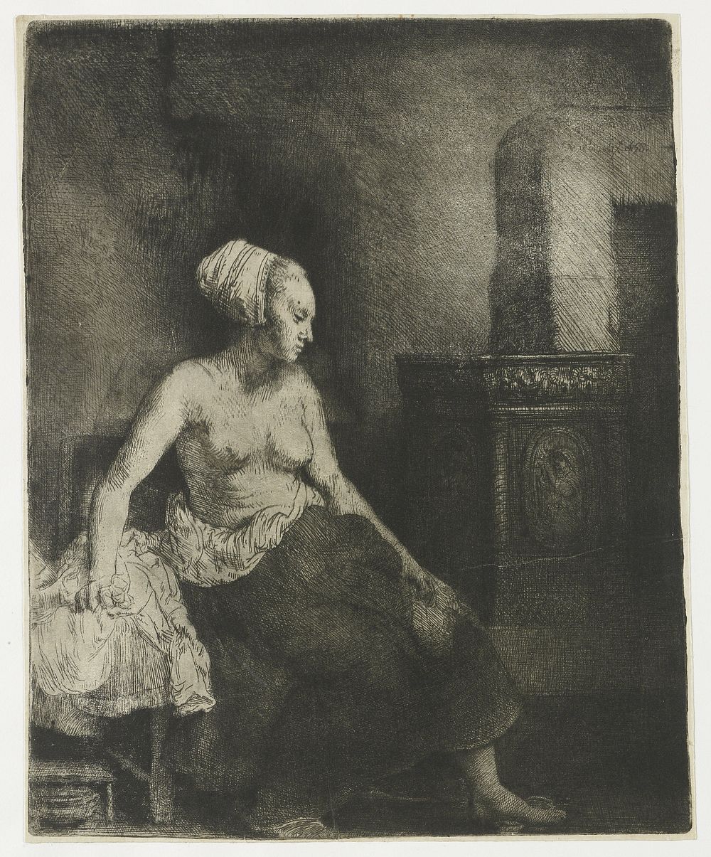 Woman sitting half dressed beside a stove (1658) by Rembrandt van Rijn and Rembrandt van Rijn