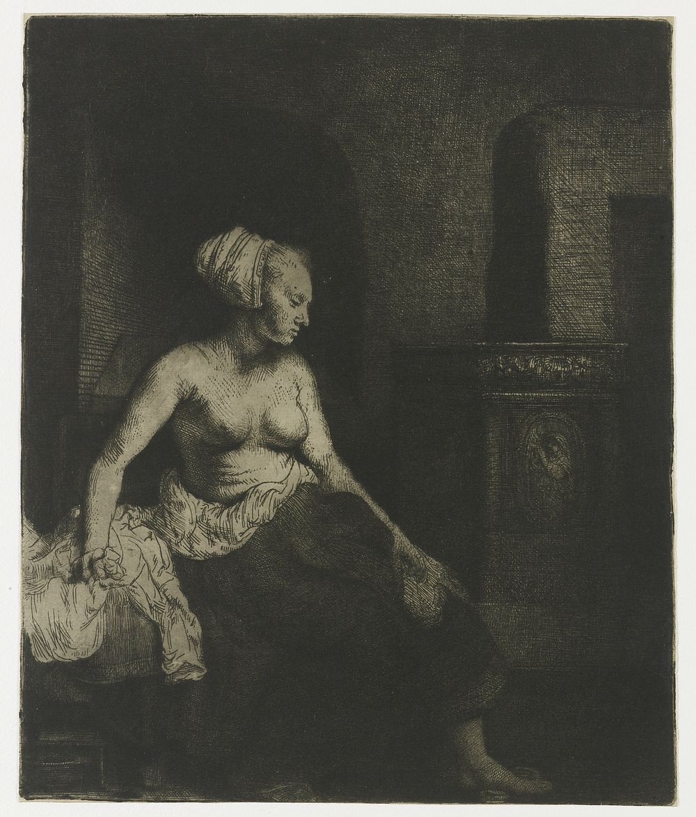 Woman Sitting Half Dressed beside a Stove (1658) by Rembrandt van Rijn and Rembrandt van Rijn