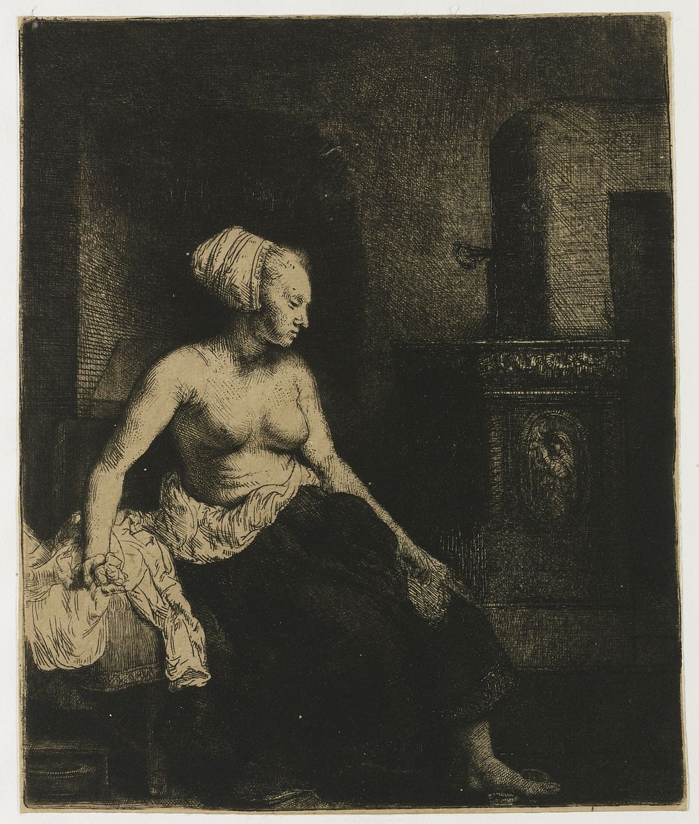 Woman sitting half dressed beside a stove (1658) by Rembrandt van Rijn and Rembrandt van Rijn