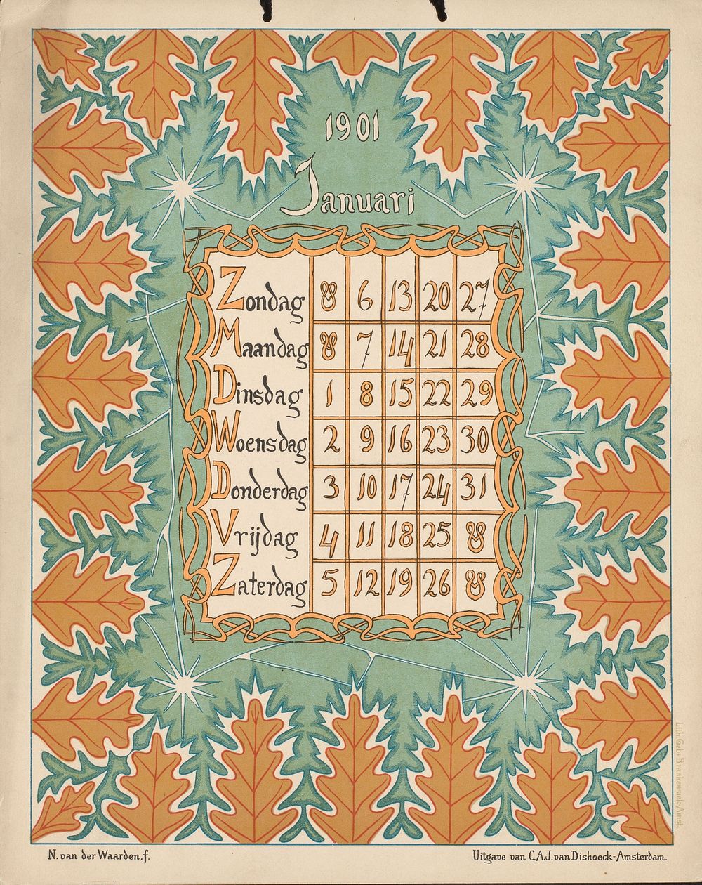Kalenderblad voor januari 1901 (1900) by Gebroeders Braakensiek, Netty van der Waarden, Gebroeders Braakensiek and C A J van…