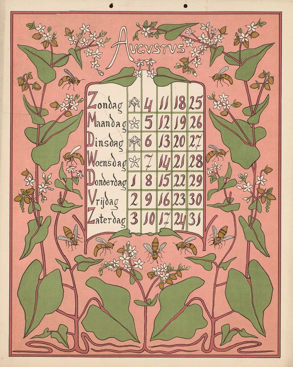 Kalenderblad voor augustus 1901 (1900) by Gebroeders Braakensiek, Netty van der Waarden, Gebroeders Braakensiek and C A J…