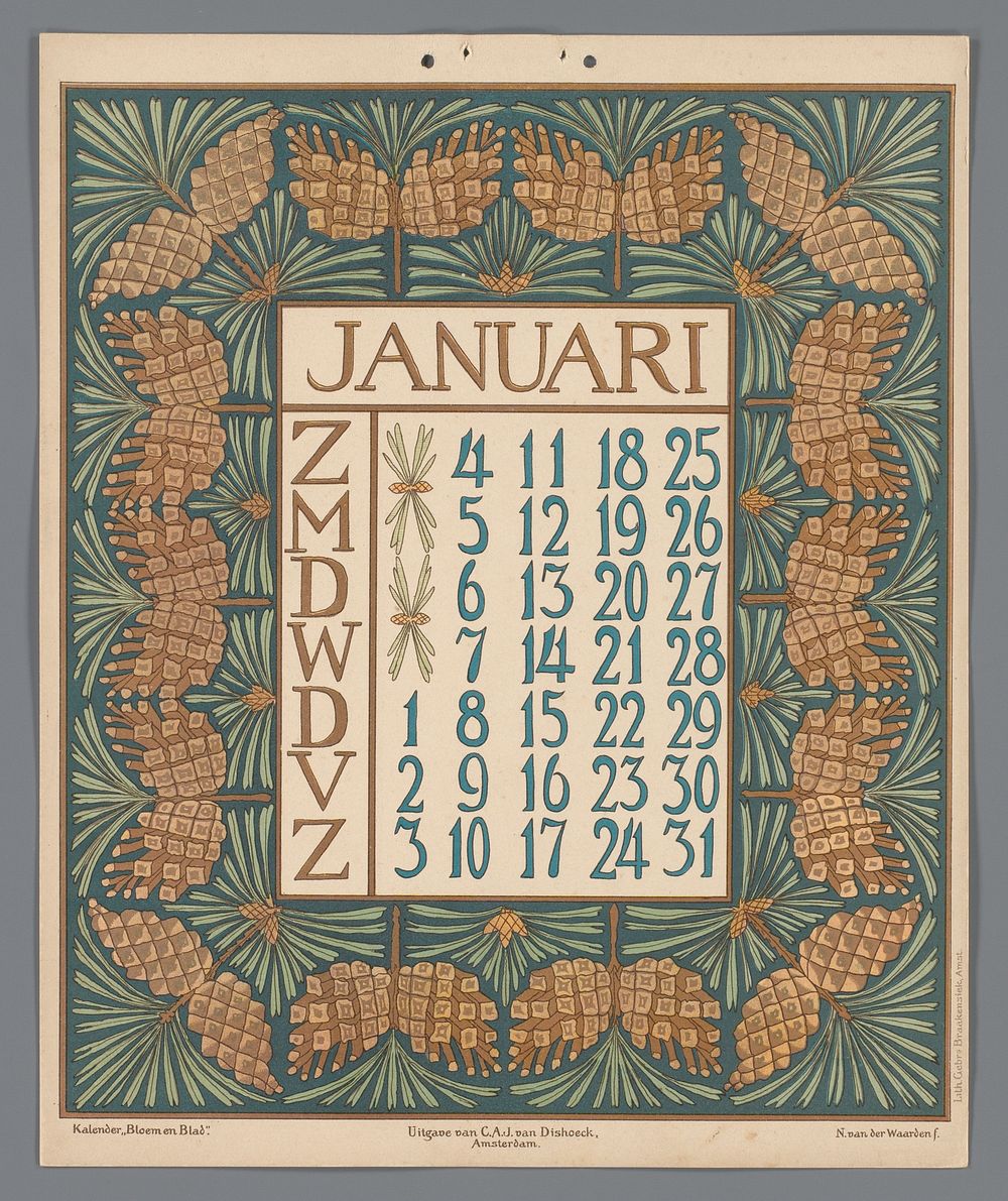 Kalenderblad voor januari van de kalender 'Bloem en blad' (c. 1900 - c. 1910) by Gebroeders Braakensiek, Netty van der…
