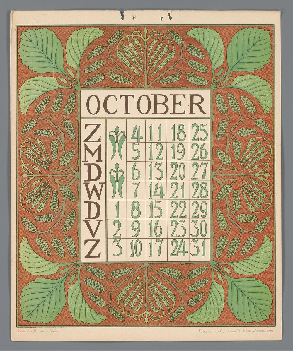 Kalenderblad voor oktober van de kalender 'Bloem en blad' (c. 1900 - c. 1910) by Gebroeders Braakensiek, Netty van der…