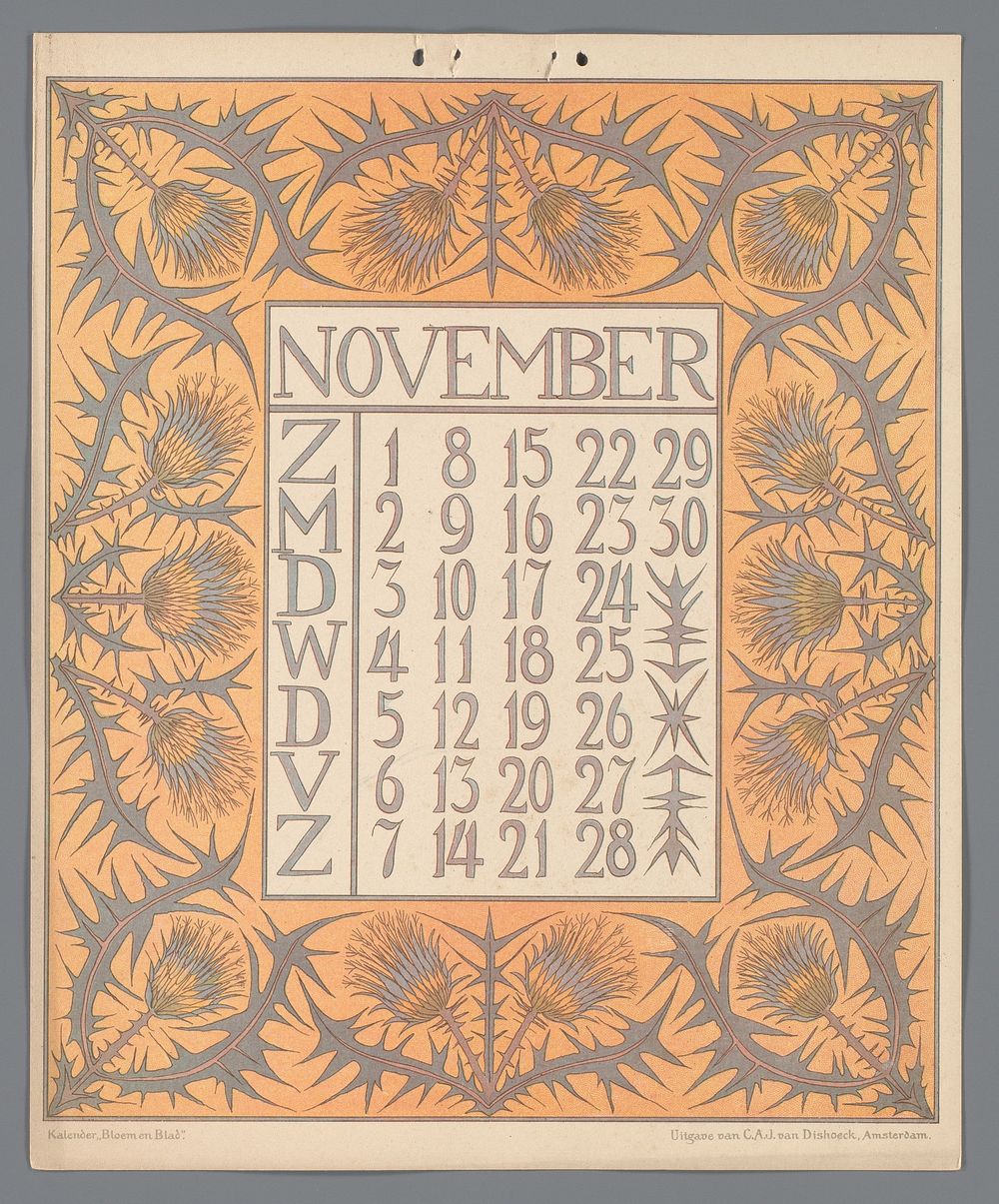 Kalenderblad voor november van de kalender 'Bloem en blad' (c. 1900 - c. 1910) by Gebroeders Braakensiek, Netty van der…