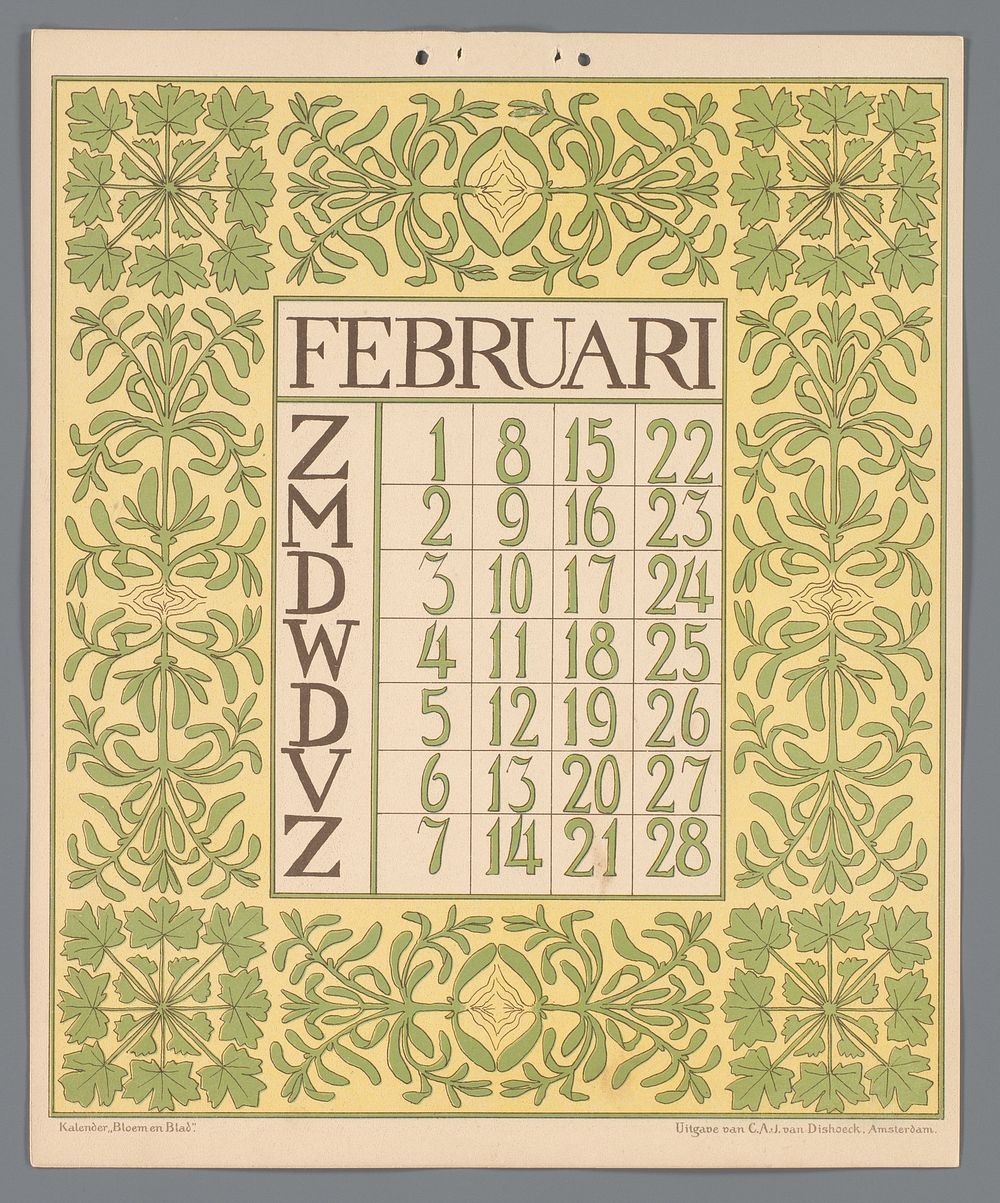 Kalenderblad voor februari van de kalender 'Bloem en blad' (c. 1900 - c. 1910) by Gebroeders Braakensiek, Netty van der…