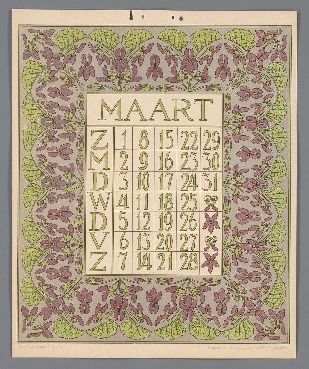 Kalenderblad voor maart van de kalender 'Bloem en blad' (c. 1900 - c. 1910) by Gebroeders Braakensiek, Netty van der…