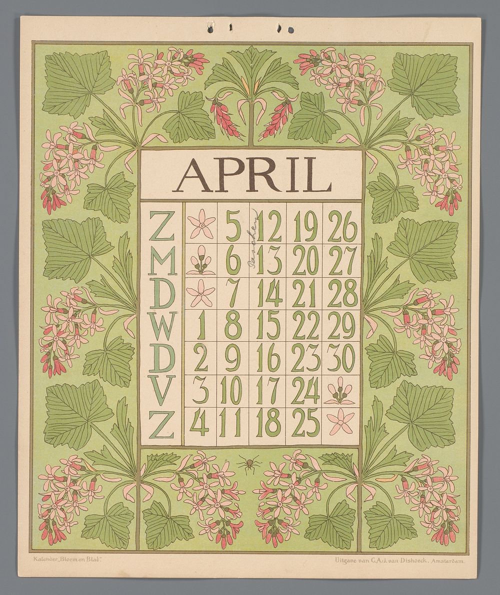 Kalenderblad voor april van de kalender 'Bloem en blad' (c. 1900 - c. 1910) by Gebroeders Braakensiek, Netty van der…