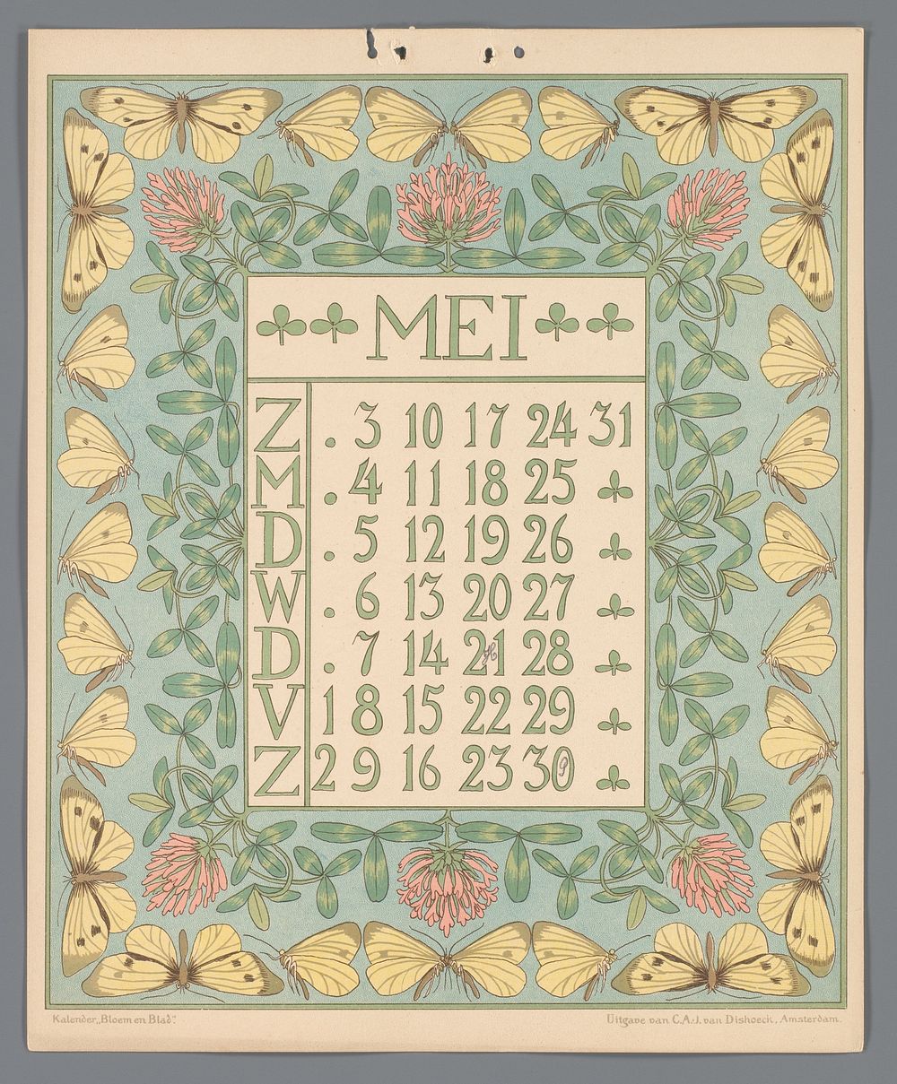 Kalenderblad voor mei van de kalender 'Bloem en blad' (c. 1900 - c. 1910) by Gebroeders Braakensiek, Netty van der Waarden…