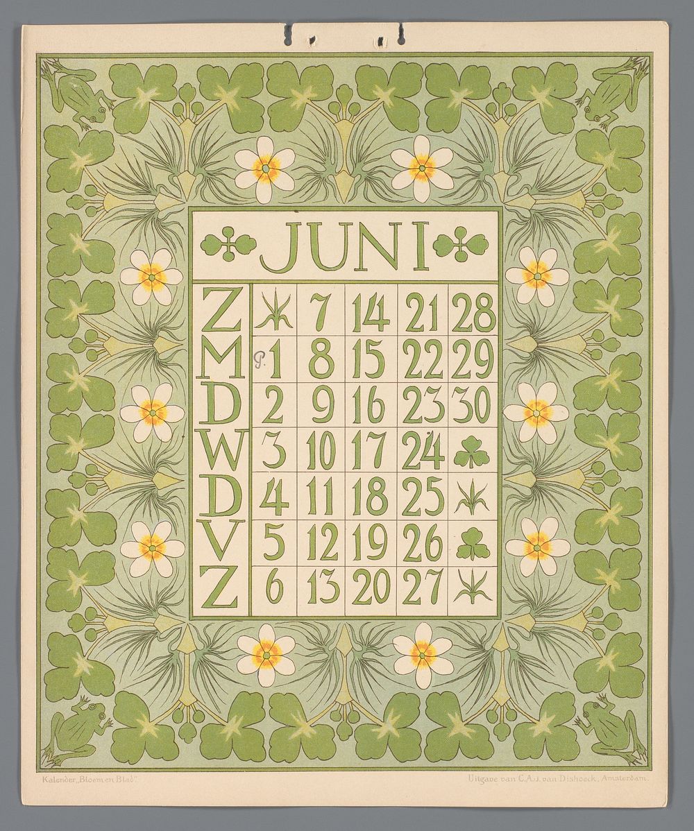 Kalenderblad voor juni van de kalender 'Bloem en blad' (c. 1900 - c. 1910) by Gebroeders Braakensiek, Netty van der Waarden…