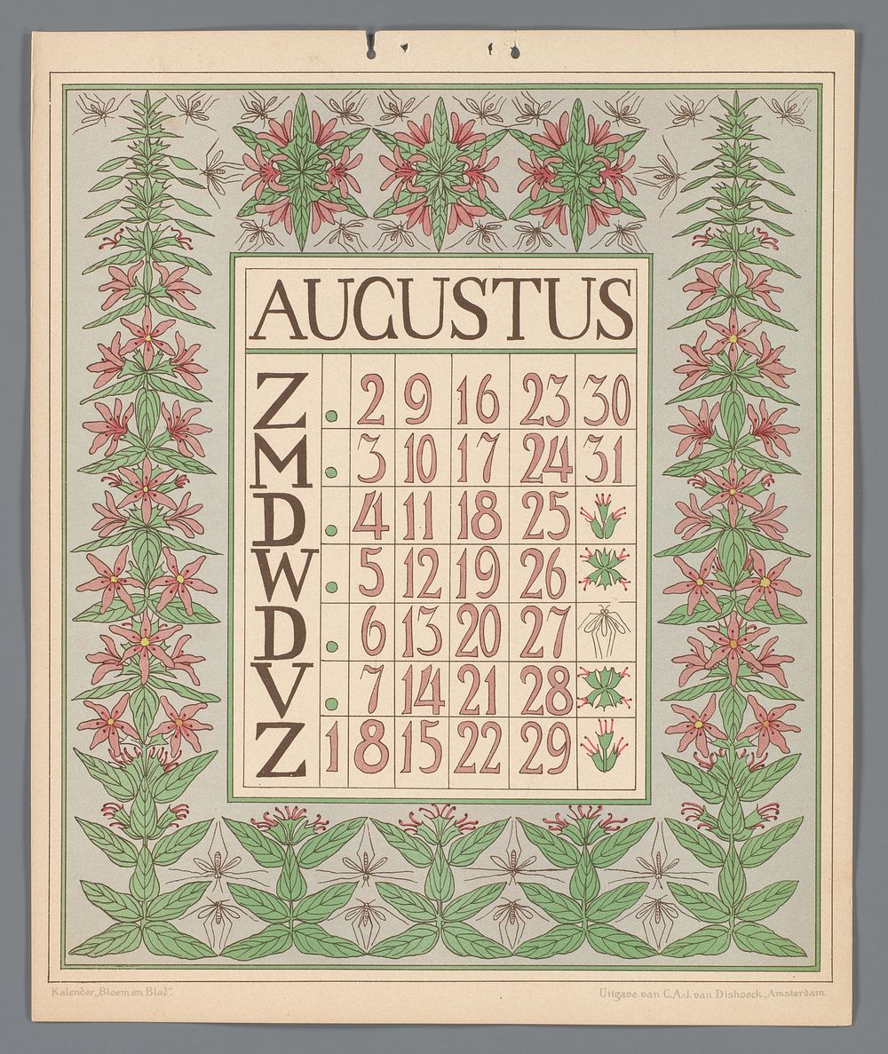 Kalenderblad voor augustus van de kalender 'Bloem en blad' (c. 1900 - c. 1910) by Gebroeders Braakensiek, Netty van der…