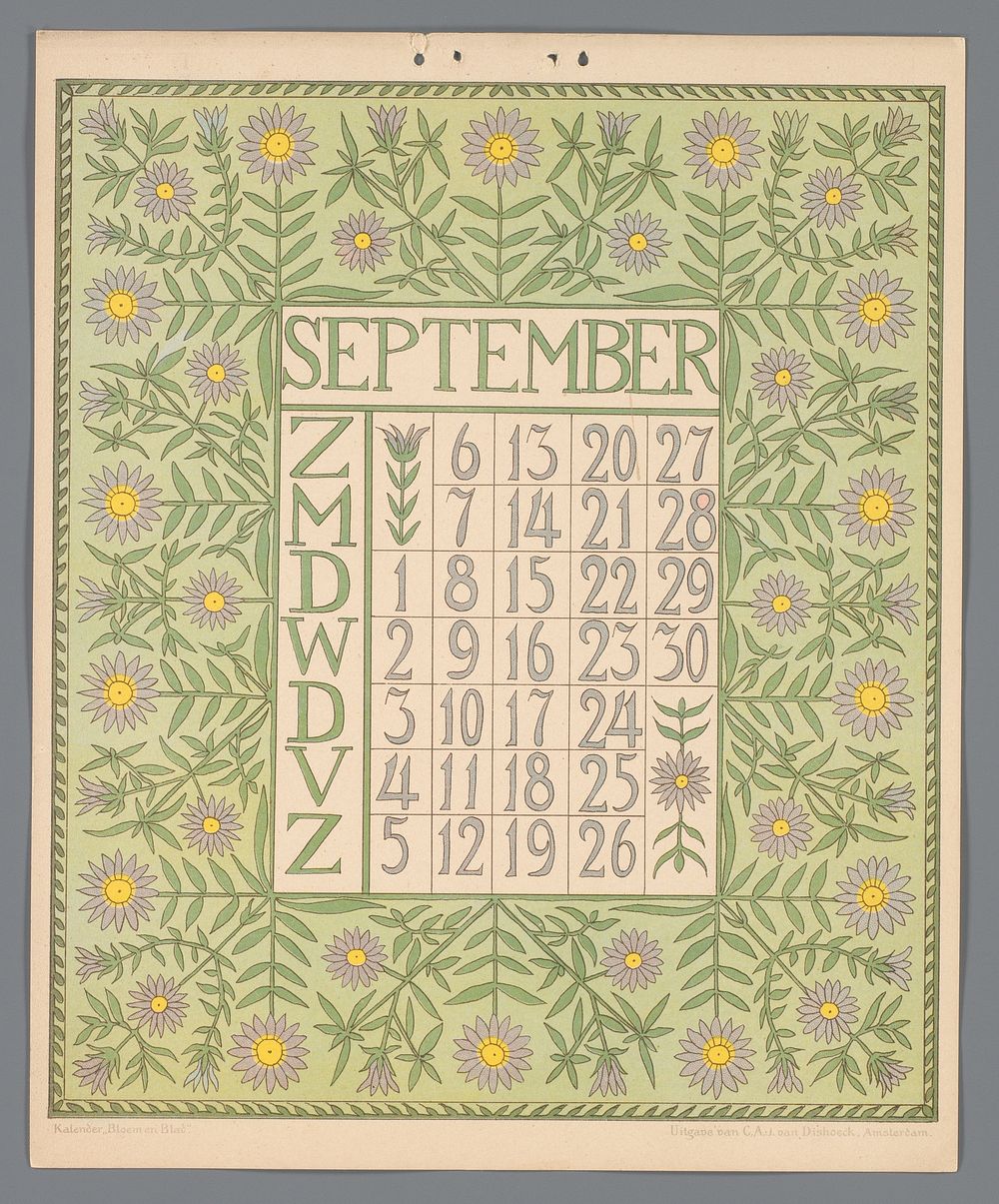 Kalenderblad voor september van de kalender 'Bloem en blad' (c. 1900 - c. 1910) by Gebroeders Braakensiek, Netty van der…