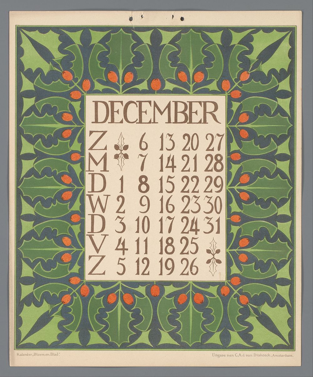 Kalender 'Bloem en blad' met december (c. 1900 - c. 1910) by Gebroeders Braakensiek, Netty van der Waarden, Gebroeders…