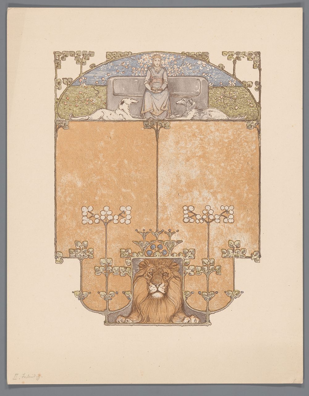 Zittende vrouw, twee honden en een leeuw (Nobel) (c. 1910) by Bernard Willem Wierink