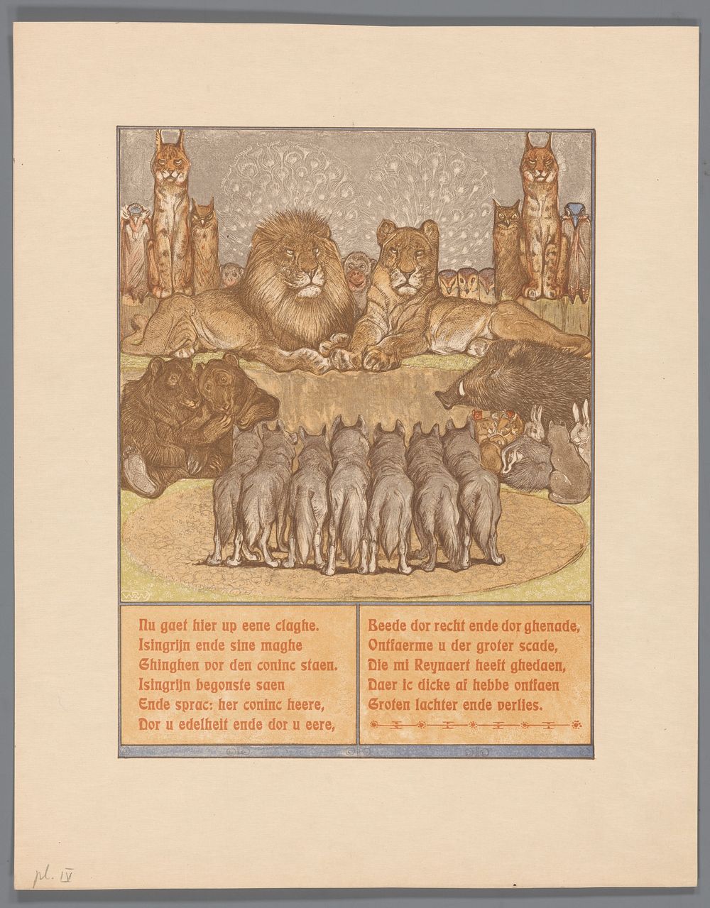 Groep wolven voor een liggende leeuw (Nobel) en leeuwin (Gentel) (1910) by Bernard Willem Wierink