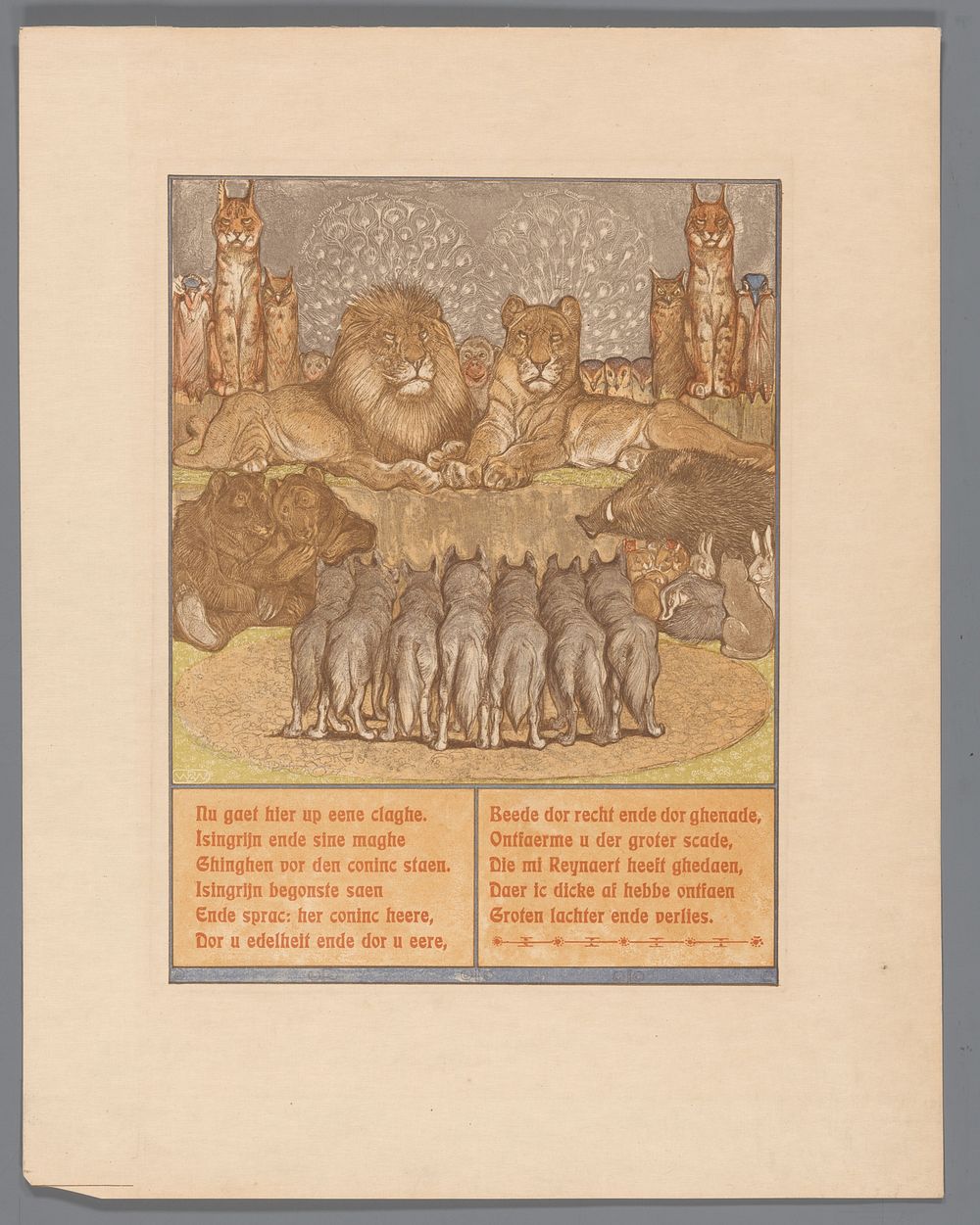 Groep wolven voor een liggende leeuw (Nobel) en leeuwin (Gentel) (1910) by Bernard Willem Wierink