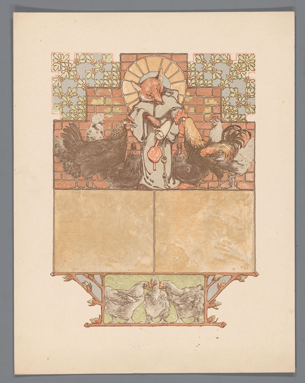 Vos in monnikspij (Reinaert) omringd door kippen en haan (Cantecleer) (c. 1910) by Bernard Willem Wierink
