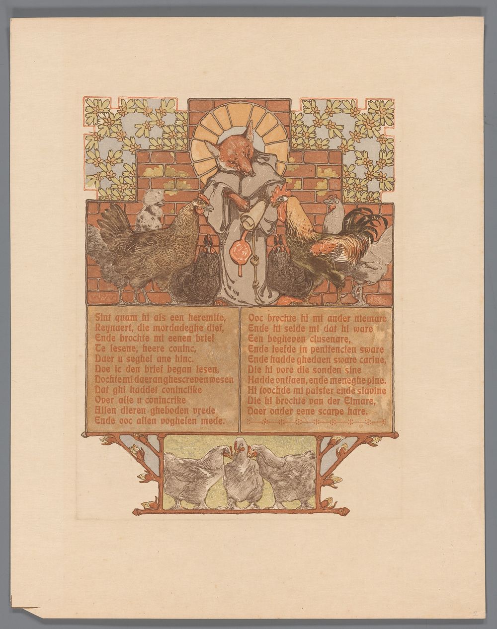 Vos in monnikspij (Reinaert) omringd door kippen en haan (Cantecleer) (1910) by Bernard Willem Wierink