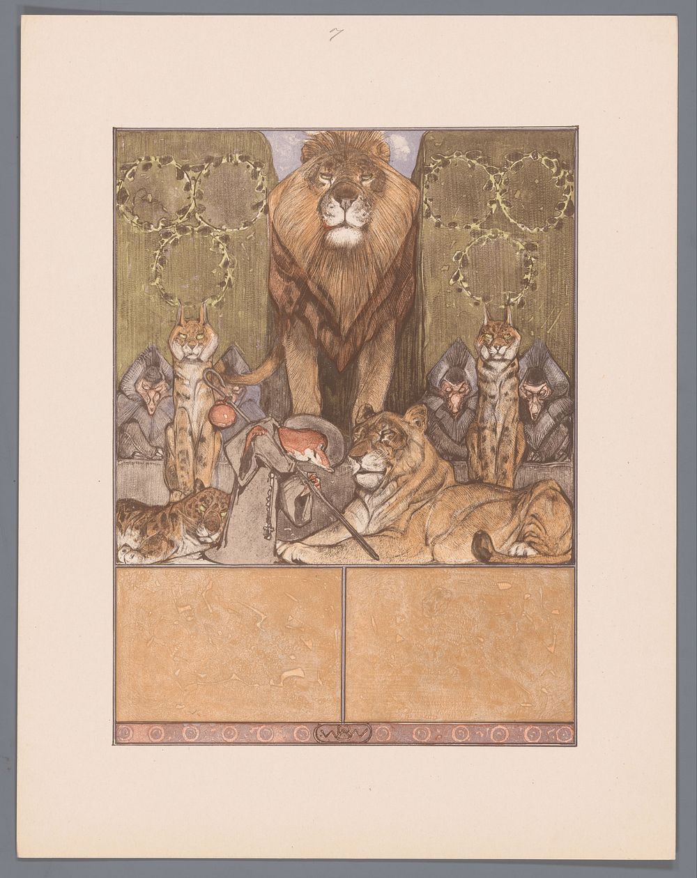 Vos in monnikspij (Reinaert) aan voeten van leeuw (Nobel) en leeuwin (Gentel), temidden van andere dieren (c. 1910) by…
