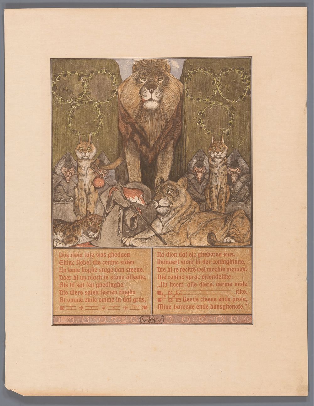 Vos in monnikspij (Reinaert) aan voeten van leeuw (Nobel) en leeuwin (Gentel), temidden van andere dieren (1910) by Bernard…